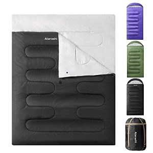 Atarashi Double Sleeping Bags for Adults, 3-4 Seasons Extra Wide XL Queen Size Two Person Sleeping Bag, Couple Black Sleeping Bags for Camping, Hiking and Outdoors, Warm Cold Weather, 59''X87''