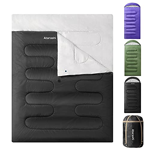 Atarashi Double Sleeping Bags for Adults, 3-4 Seasons Extra Wide XL Queen Size Two Person Sleeping Bag, Couple Black Sleeping Bags for Camping, Hiking and Outdoors, Warm Cold Weather, 59''X87''