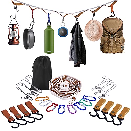 Campsite Storage Strap Camping Accessories, Outdoor Equipment Ten Lanyard Travel Clothesline Camping Essentials with 16 Buckle & 6 Clothespins for Camper Family RV Trailer Travel Tent Hanging Gear