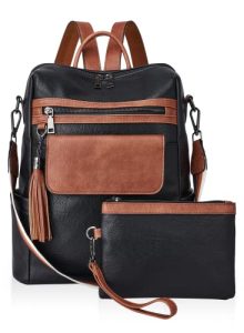CASEEK Womens Backpack Purse Leather: Fashion Convertible Ladies Shoulder Bag Travel Women Backpack Purse with Wristlet (Black With Brown)