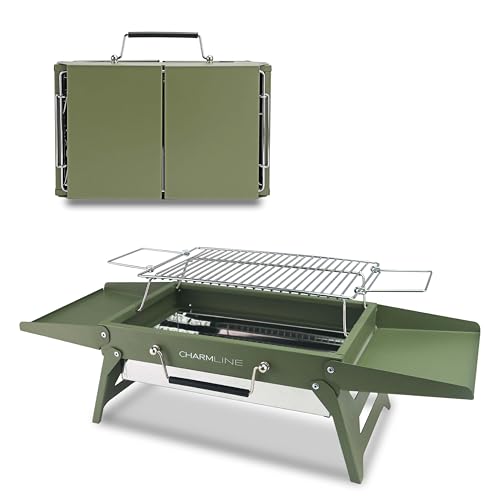 Charmline 14 x 9in Foldable Portable Charcoal Grill, Compact Portable Grill for Outdoor Use, BBQ Grill for Camping, Picnics, Gardens, and Beach Parties, Green