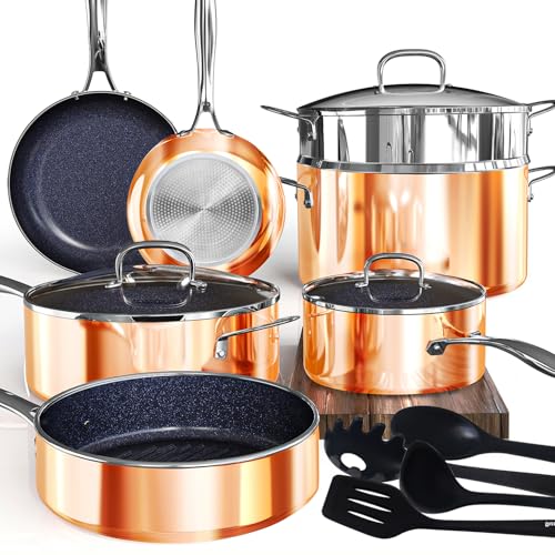 Deluxe 14PC Nonstick Cookware Sets, DUXANO Freshness-Maintained Pots and Pans with 9H Hardness 2-Layer Ceramic Coating, True Cool Handles, PFAS Free, Dishwasher Safe, All Cooktops & Induction Ready