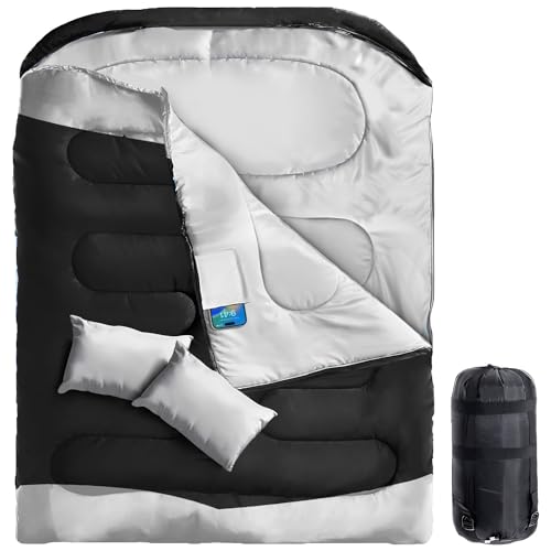 Double Sleeping Bag, Sleeping Bags for Adults with 2 Pillow, XL Queen Two Person Sleeping Bag for Cold/Warm Weather with Pocket, Camping Sleeping Bag for Hiking/Backpacking/Truck/Tent/Sleeping Pad