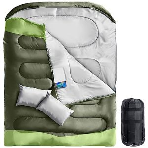 Double Sleeping Bag, Sleeping Bags for Adults with 2 Pillow, XL Queen Two Person Sleeping Bag for Cold/Warm Weather with Pocket, Camping Sleeping Bag for Hiking/Backpacking/Truck/Tent/Sleeping Pad