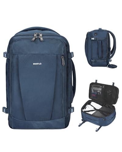 ECOHUB 17'' Travel Backpack, Personal Item Backpack with 13 Pockets, Flight Approved Carry on Backpack with USB Port & Luggage Sleeve, Travel bag for Men & Women, Water Resistant Backpack, Blue
