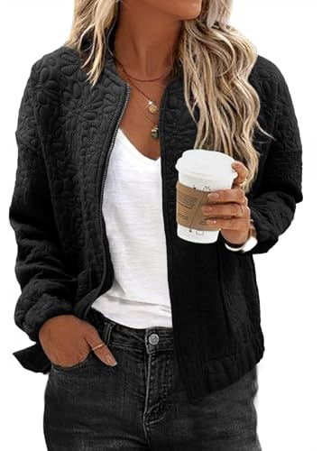 EVALESS Jackets for Women Fashion 2024 Fall Outfits Business Casual Womens Clothes Cute Jacquard Coat Classic Bomber Jacket Lightweight Long Sleeve Stand Collar Zip Up Black Jacket with Pockets, Small