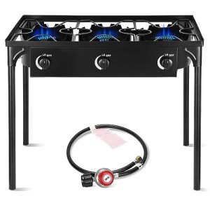 FSUON Outdoor Camping Stove, 225000 BTU, Propane Gas Cooker with Detachable Legs, High Pressure 3 Burner, 30 PSI Regulator