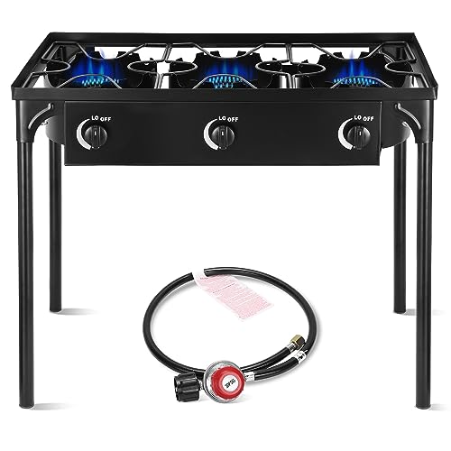 FSUON Outdoor Camping Stove, 225000 BTU, Propane Gas Cooker with Detachable Legs, High Pressure 3 Burner, 30 PSI Regulator
