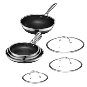 HexClad 7-Piece Hybrid Stainless Steel Cookware Set with Lids and Wok - Metal Utensil and Dishwasher Safe, Induction Ready, Easy to Clean Non Stick Fry Pan with Covers