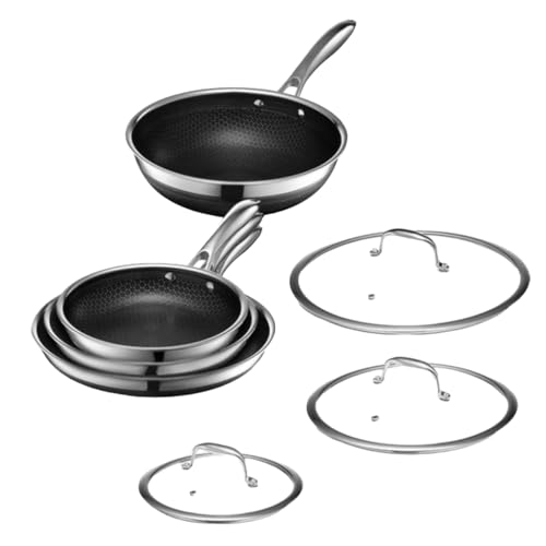 HexClad 7-Piece Hybrid Stainless Steel Cookware Set with Lids and Wok - Metal Utensil and Dishwasher Safe, Induction Ready, Easy to Clean Non Stick Fry Pan with Covers