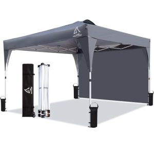 HEYTENT 10x10 Pop Up Canopy Tent with Sidewall, UPF 50+ Waterproof Commercial Instant Outdoor Gazebo Tent for Parties Beach Camping Backyard with 1 Wheel Bag, 4 Sand Bags, 8 Stakes, 4 Ropes, Grey
