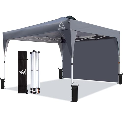 HEYTENT 10x10 Pop Up Canopy Tent with Sidewall, UPF 50+ Waterproof Commercial Instant Outdoor Gazebo Tent for Parties Beach Camping Backyard with 1 Wheel Bag, 4 Sand Bags, 8 Stakes, 4 Ropes, Grey