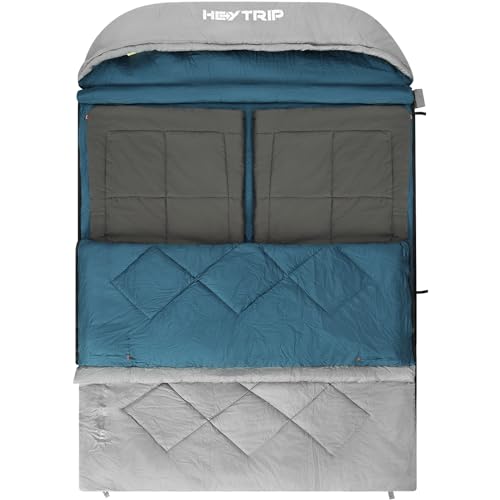 HEYTRIP Double Sleeping Bag with Blanket Queen Size Two Person Sleeping Bag for Adults 20 Degree Sleeping Bag for Couples, Blue