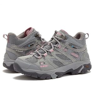 HI-TEC Apex Lite Mid WP Waterproof Hiking Boots for Women, Lightweight Outdoor and Trail Shoes - Medium Grey/Light Pink, 6.5 Medium
