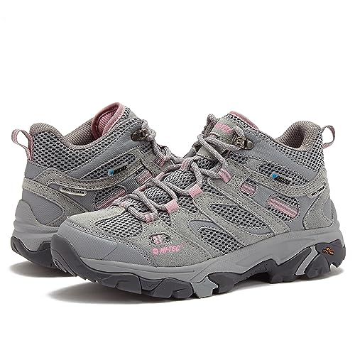 HI-TEC Apex Lite Mid WP Waterproof Hiking Boots for Women, Lightweight Outdoor and Trail Shoes - Medium Grey/Light Pink, 6.5 Medium