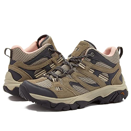 HI-TEC Ravus Mid Hiking Boots for Women, Lightweight Breathable Outdoor Trekking Shoes - Light Pink/Medium Grey/Tan, 10 Medium