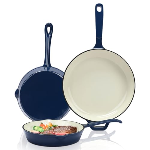 Hisencn Enameled Cast Iron Frying Pan Set, 3 Piece Set of Skillets, Nonstick Fry Pan Cookware Set, Nontoxic Ceramic Coated, PFAS & PTFE & PFOA Free, Gas/Induction/Electric/Oven Compatible, Navy