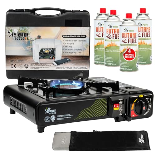 Jo Chef Butane Camping Stove with 4 Butane included - Portable Gas Stove - Ideal for Camping/Road Trips, Outdoor camp Stove Includes Windshield, CSA Certified, Brass Burner Fast Heat Up Time