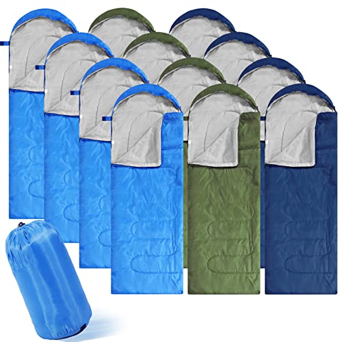 Junkin 12 Pcs Camping Sleeping Bag Bulk for Homeless 4 Seasons Cold Warm Weather Sleeping Bags Waterproof Lightweight with Compression Bag Camping Gear Equipment for Adults Kids Backpacking Hiking