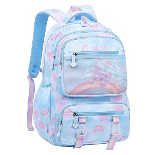 Kids Backpack for Girls Butterfly, Multi-Pocket Girls School Backpack with Chest Buckle, Blue