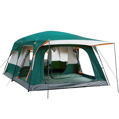 KTT Extra Large Tent 10-12 Person(B),Family Cabin Tents,2 Rooms,3 Doors and 3 Windows with Mesh,Straight Wall,Waterproof,Double Layer,Big Tent for Outdoor,Picnic,Camping,Family Gathering(Green)