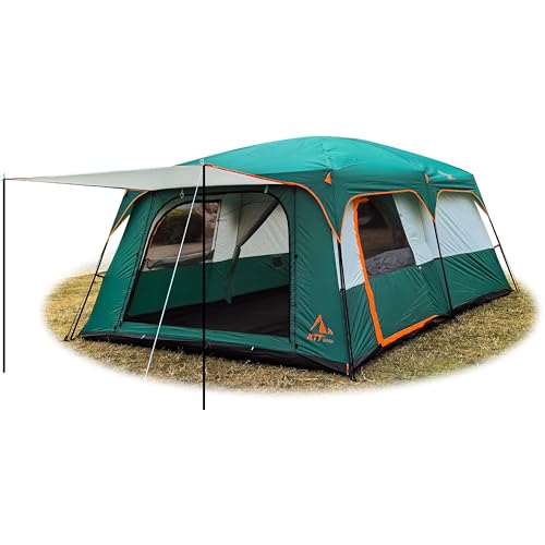 KTT Extra Large Tent 12-14 Person,Family Cabin Tents,2 Rooms,3 Doors and 3 Windows with Mesh,Straight Wall,Waterproof,Double Layer,Big Tent for Outdoor,Picnic,Camping,Family Gathering(Green)