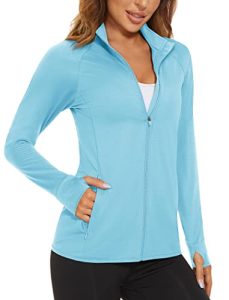 MAGCOMSEN Zip Up Lightweight Jacket for Women Sun Protection Athletic Shirts Long Sleeve Workout Jacket Light Blue L