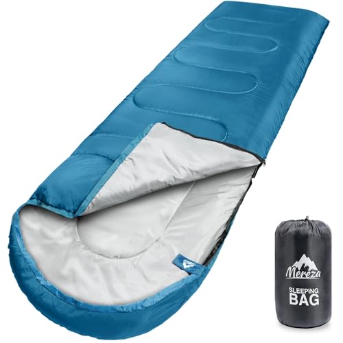 MEREZA Sleeping Bags XL for Adults Mens Large Wide Sleeping Bag for Camping & Backpacking Big and Tall Sleeping Bags for Women 4 Season Warm & Cool Weather with Compression Sack 20-32°F Blue