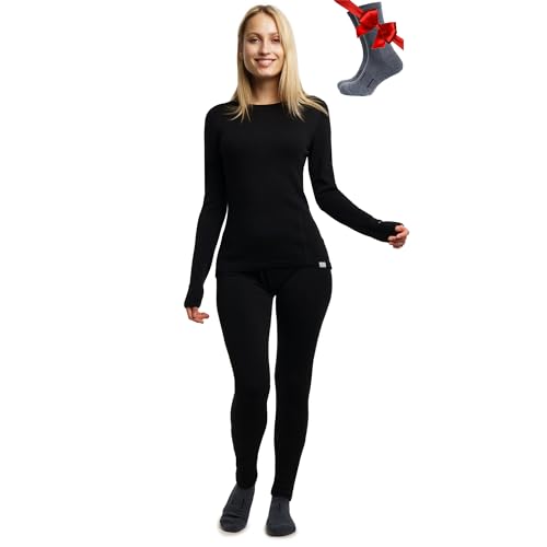 Merino.tech Merino Wool Base Layer Women Set - Midweight Merino Wool Thermal Underwear For Women Top and Bottom (Medium, 250 Black)