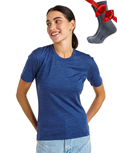 Merino.tech Merino Wool T Shirt Women - 100% Merino Wool Base Layer Women Short Sleeve Tee and Merino Wool Hiking Socks (Large, Windsor Blue Crewneck)