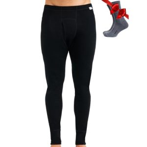 Merino Wool Base Layer Mens Bottom Pants 100% Merino Wool Thermal Underwear Long Johns Midweight + Wool Socks (Medium, Black 250)