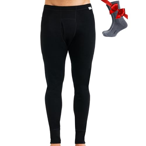 Merino Wool Base Layer Mens Bottom Pants 100% Merino Wool Thermal Underwear Long Johns Midweight + Wool Socks (Medium, Black 250)