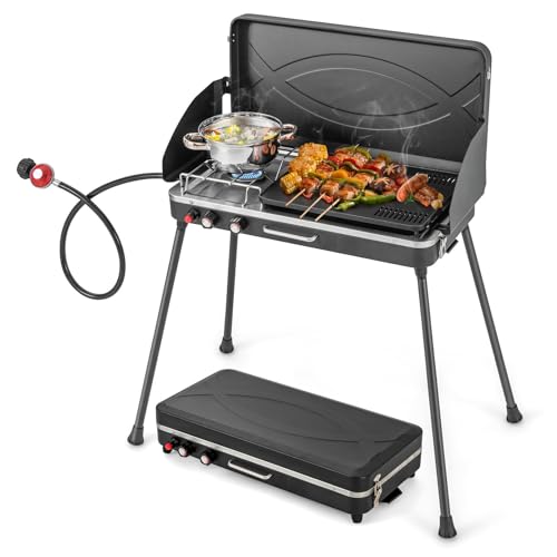 Nightcore 2-Burner Propane Camping Stove, Portable Camp Grill with Detachable Legs, Roast Grill & 3-Sided Wind Screen, 22,000 Total BTUs of Power, Outdoor Grill Stove for Camping BBQ Picnic, Black