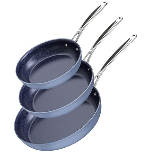 Nuwave 3-Piece 8”, 10”, 12” Forged Lightweight Frying Pan Set, G10 Healthy Duralon Blue Ceramic Ultra Non-Stick, Ergonomic Stay-Cool Handles, Induction-Ready & Works on All Cooktops