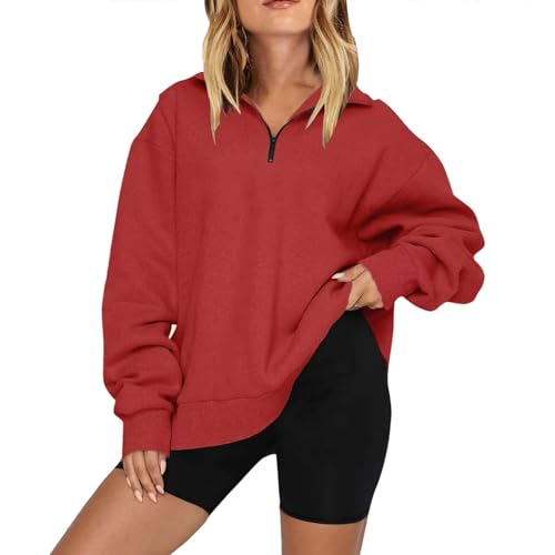 oversized crew neck light pullover sweaters for women comfy sweater sweatshirt jackets for women with zipper sweat jacket womens winter sweaters under 20(14-Red,X-Large)
