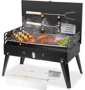 Portable Charcoal Grill Kit - 17.3" Folding BBQ Grill, Adjustable Heights,5 Skewers, 1 Spatula, 1 Fork, Mini Tabletop Grill, Small Grill Outdoor for Camping, Grilling Backyard, RV, Tailgating, Picnic