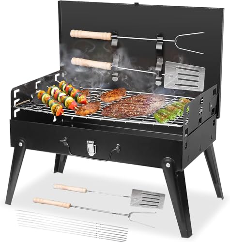 Portable Charcoal Grill Kit - 17.3" Folding BBQ Grill, Adjustable Heights,5 Skewers, 1 Spatula, 1 Fork, Mini Tabletop Grill, Small Grill Outdoor for Camping, Grilling Backyard, RV, Tailgating, Picnic