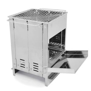 Portable Wood Camping Stove,Foldable Stainless Steel Wood Burning BBQ Stove with Grill for Outdoor Cooking Backpacking Camping Hiking Picnic BBQ