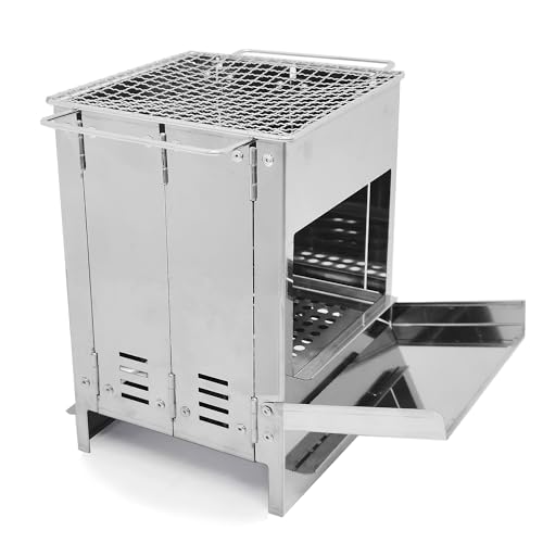 Portable Wood Camping Stove,Foldable Stainless Steel Wood Burning BBQ Stove with Grill for Outdoor Cooking Backpacking Camping Hiking Picnic BBQ