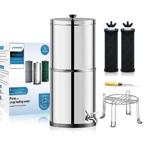 Purewell 3-Stage 0.01μm Ultra-Filtration Gravity Water Filter System, NSF/ANSI 42&372 Certification, 304 Stainless Steel Countertop System with 2 Filters and Stand, Reduce 99% Chlorine, 2.25G, PW-OB