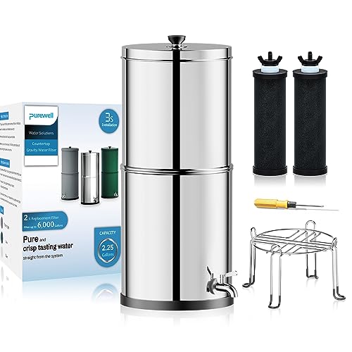 Purewell 3-Stage 0.01μm Ultra-Filtration Gravity Water Filter System, NSF/ANSI 42&372 Certification, 304 Stainless Steel Countertop System with 2 Filters and Stand, Reduce 99% Chlorine, 2.25G, PW-OB