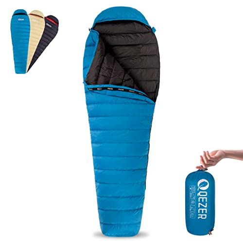 QEZER Ultralight Down Sleeping Bag for Adults 44-62 Degree F with 600 Fill Power, Compact Summer Sleeping Bag with Compression Sack for Backpacking, Hiking and Camping