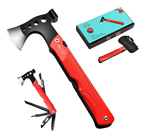 RoverTac Camping Hatchet Multitool Axe Survival Gear Gifts for Men Dad Him 14-in-1 Axe Hammer Knife Saw Bottle Opener Fire Starter Whistle Perfect for Camping Survival Hiking Fishing