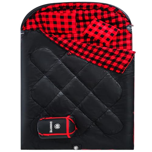 ShinHye Double Sleeping Bag for Adults with 2 Pillows, Camping Sleeping Bags Flannel Cotton 2 Person Sleeping Bags XXL Queen Size Sleeping Bag for Cold Weather Black