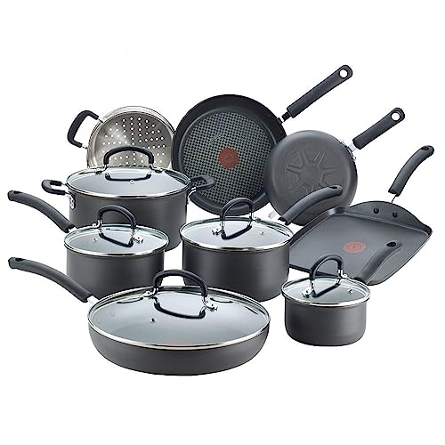 T-fal Ultimate Hard Anodized Nonstick Cookware Set 14 Piece, Oven Broiler Safe 400F, Lid Safe 350F, Kitchen Cooking Set w/ Fry Pans, Saucepans, Griddle, Dutch Oven, Pots & Pans, Dishwasher Safe, Black