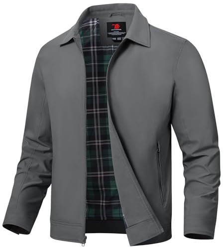 TBMPOY Men's Lightweight Jackets Casual Windbreaker Stylish Light Golf Full Zip Up Work Dress Business with Zip Pockets Deep Gray L