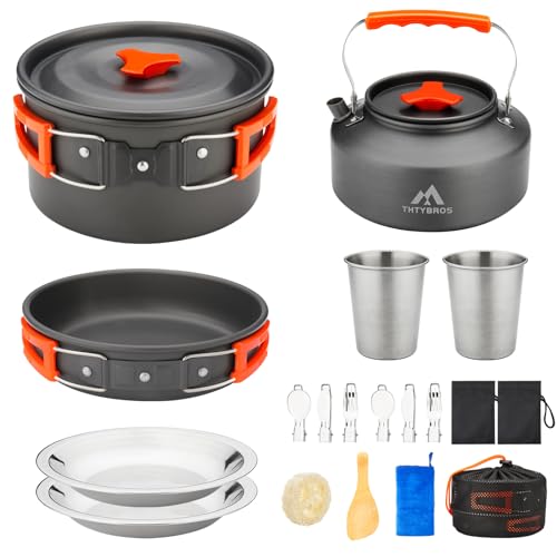 THTYBROS 17pcs Camping Cookware Mess Kit, Non-Stick Pot Pan 1.1L Kettle Set with 2 set Stainless Steel Cups Plates Forks Knives Spoons for Hiking,Camping,Backpacking,Outdoor Cooking and Picnic