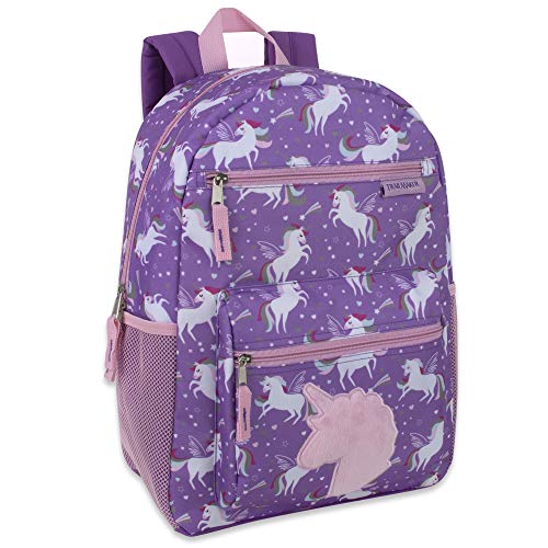 Trail maker 17” Kids Character School Backpacks Plush for Girls with Side Pockets, Padded Straps (Plush Unicorn Love)