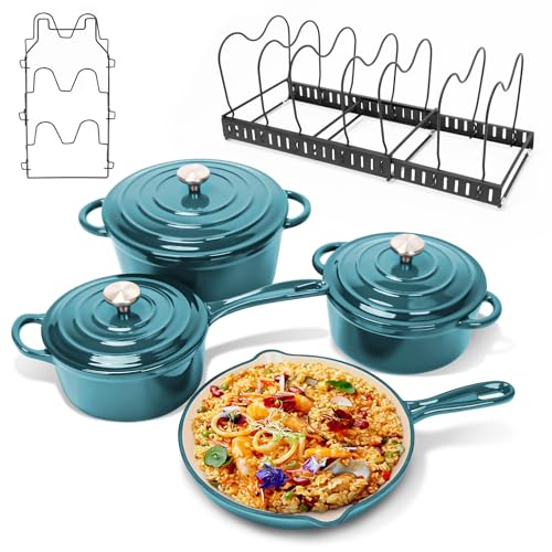 Uniflasy Enameled Cast Iron Cookware Set, 9-Piece Set Nonstick Ceramic Dutch Oven Stove Pots, Skillet, Pans, Lids，Storage Rack and Lid Holder, Oven Safe & Compatible with All Stovetop, Teal Ombre