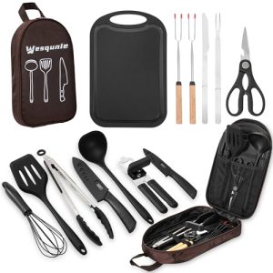 Wesqunie Camping Essentials Cookware Cooking Utensils Set - Camping Kitchen Utensils, Portable Outdoor Accessories, Stainless Steel & Silicone, Camping Gear Equipment for RV Picnic Grill